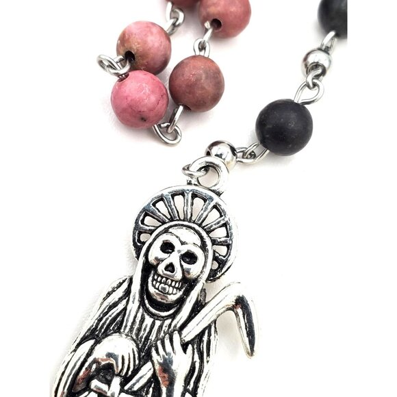 Handmade Rhodonite Santa Muerte Rosary. Holy Death Amulet Talisman Prayer Beads. - Picture 10 of 10